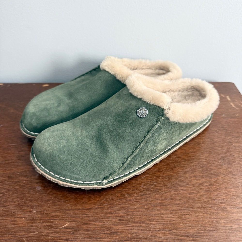 Birkenstock Zermatt Clogs Sz 40 L9 M7 Green Suede Shearling Slipper Mules Cozy - Picture 3 of 7